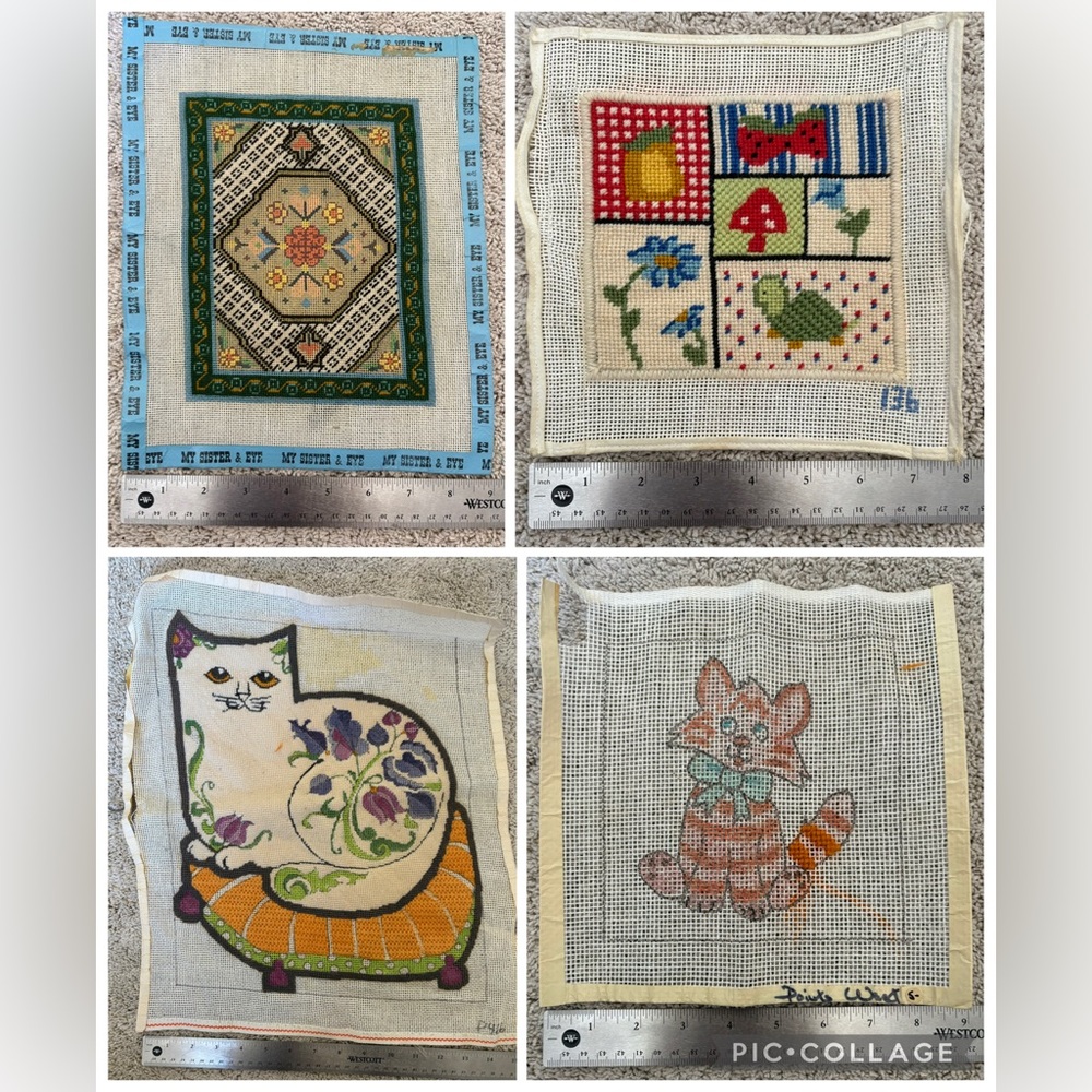 Needlepoint Canvas set of 4 canvases pre-worked and partially worked vintage